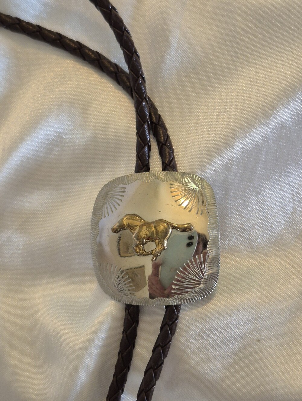 Western Running Horse Bolo Tie with Silver and Gold Tone Slide